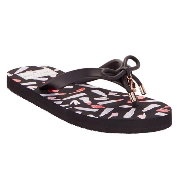 Kate Spade Black Multi Nova Lipstick Print Flip Flop Thong Sandals - Picture 1 of 15
